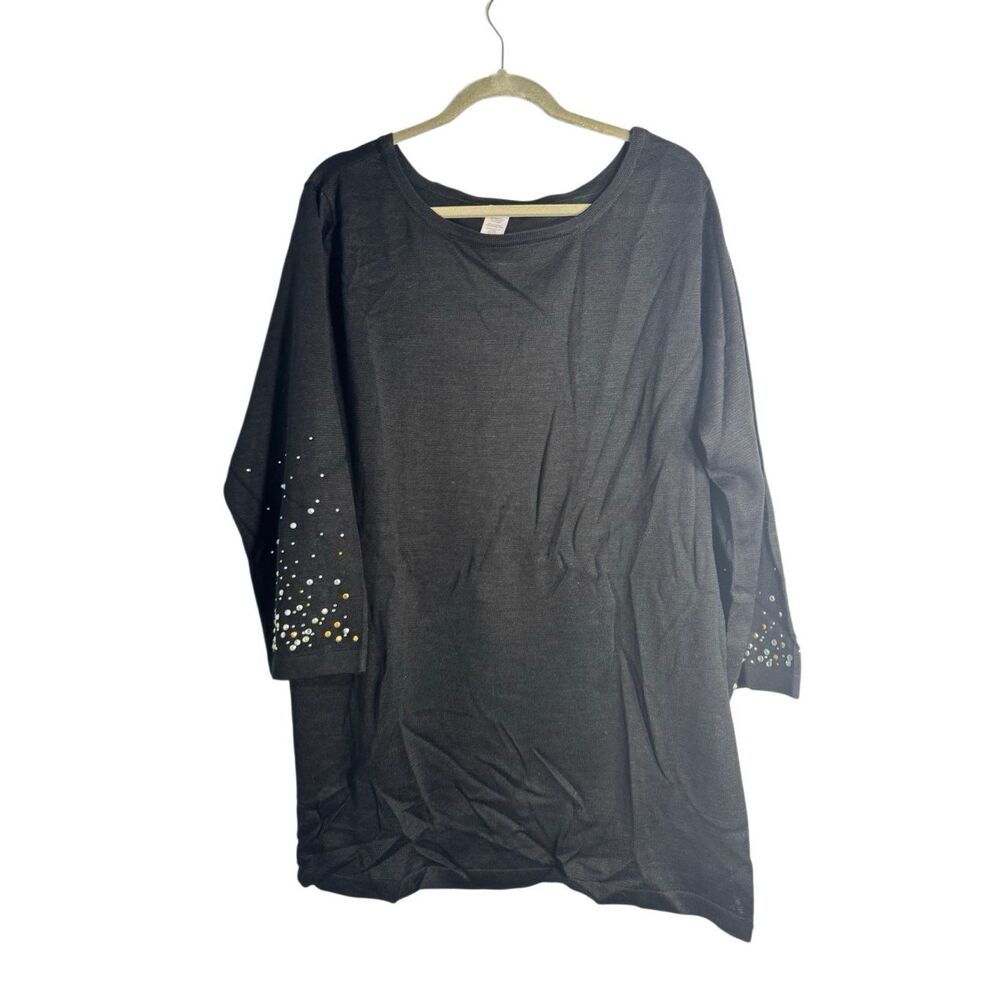 Avon Women's Embellished Quarter Sleeve Knit Tunic Sweater Top Black 3X NWOT